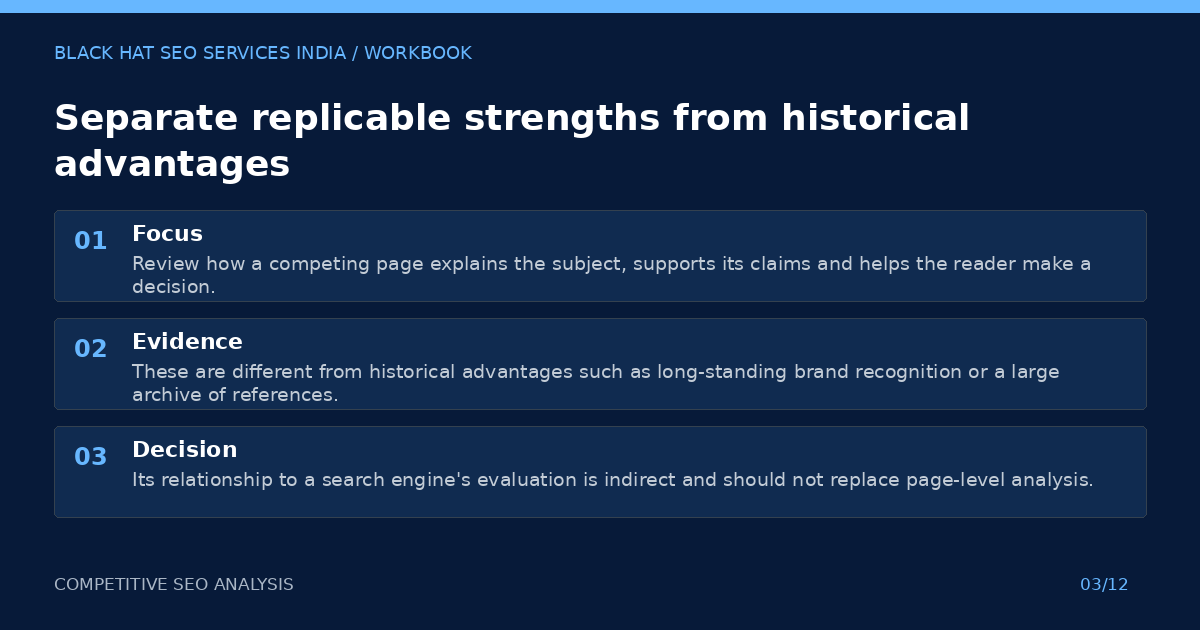 Separate replicable strengths from historical advantages — visual summary